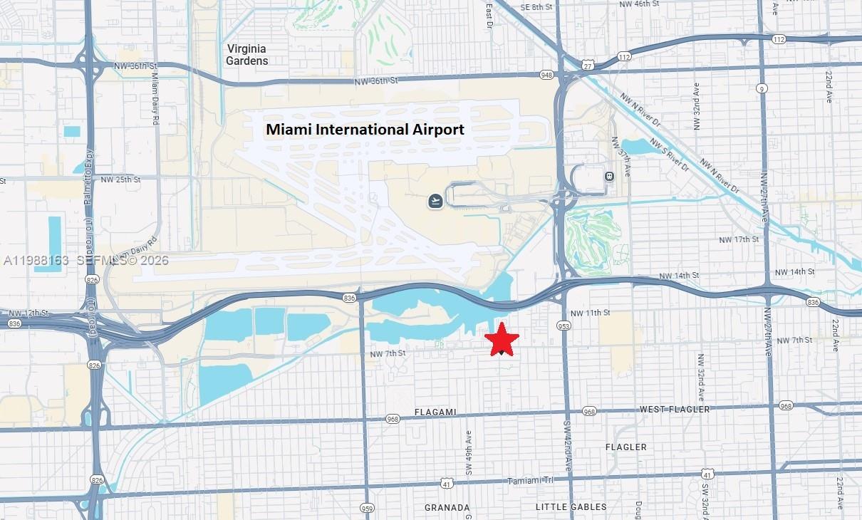 This is a map showing the area surrounding Miami International Airport with a red star — 4685 NW 7th St, Miami FL 33126, MIAMI, FL