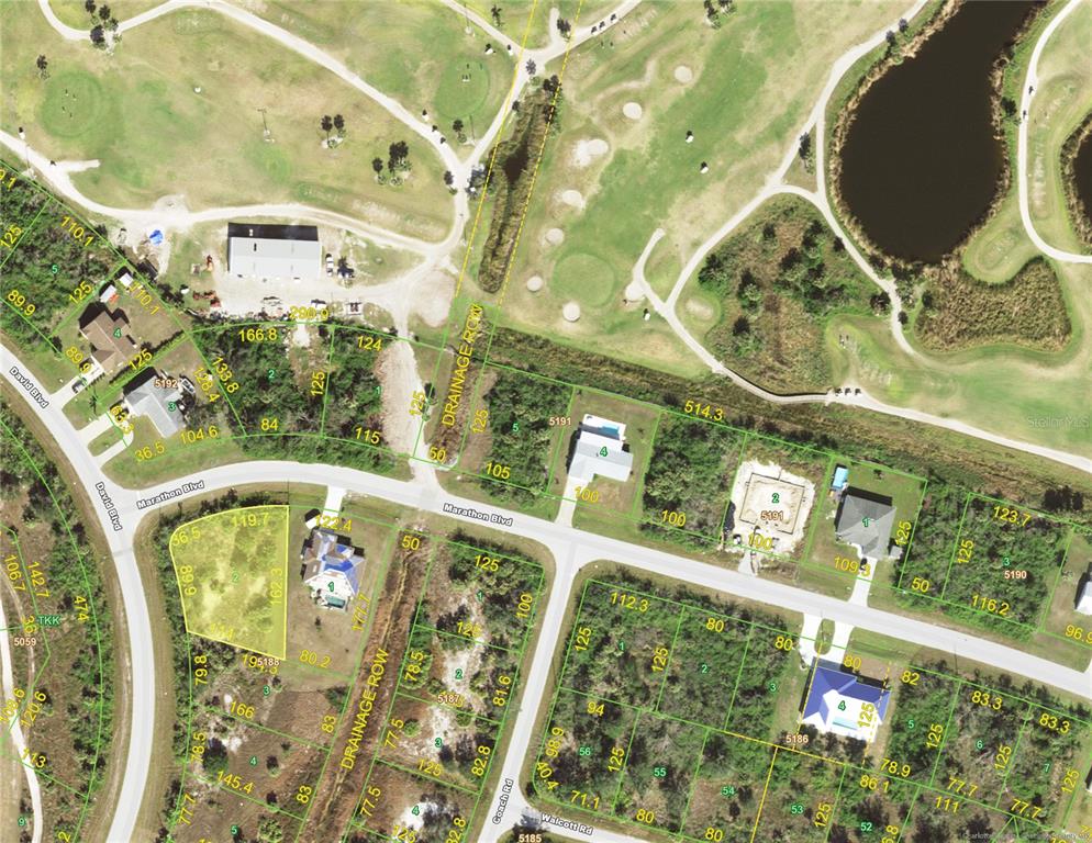 This is an aerial map showing residential lots, streets, and a golf course — 12339 MARATHON BOULEVARD, PORT CHARLOTTE, FL