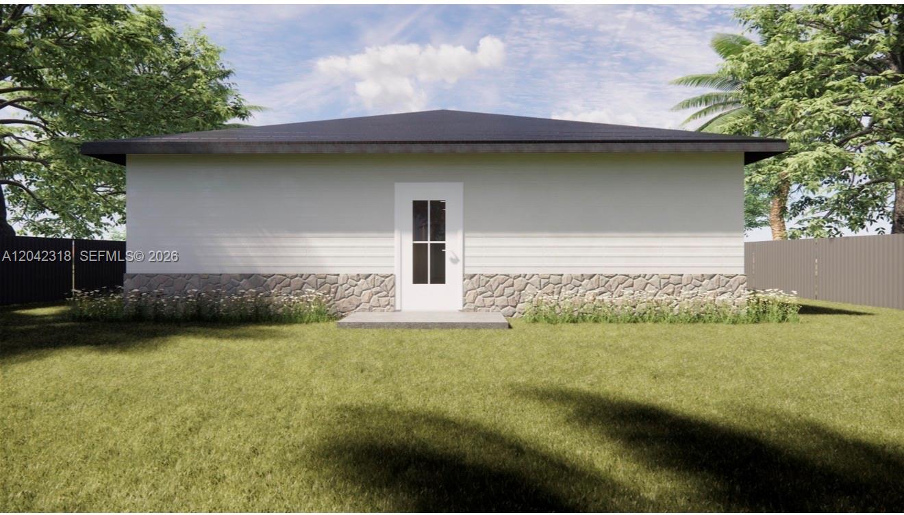 A digital rendering shows the exterior rear view of a house with stone-veneer siding — 3110 NW 50  STREET, Miami FL 33142, MIAMI, FL