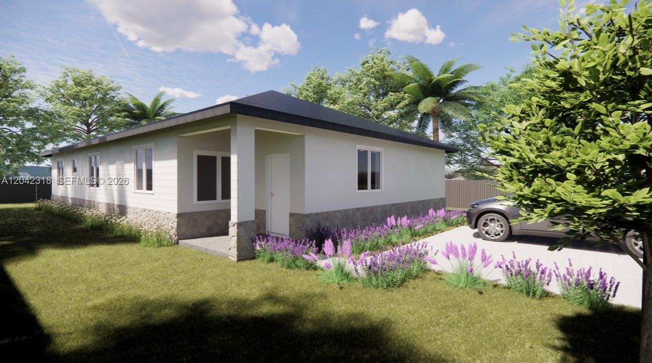 A digital rendering shows the exterior of a single-story house with stone accents and landscaping — 3110 NW 50  STREET, Miami FL 33142, MIAMI, FL