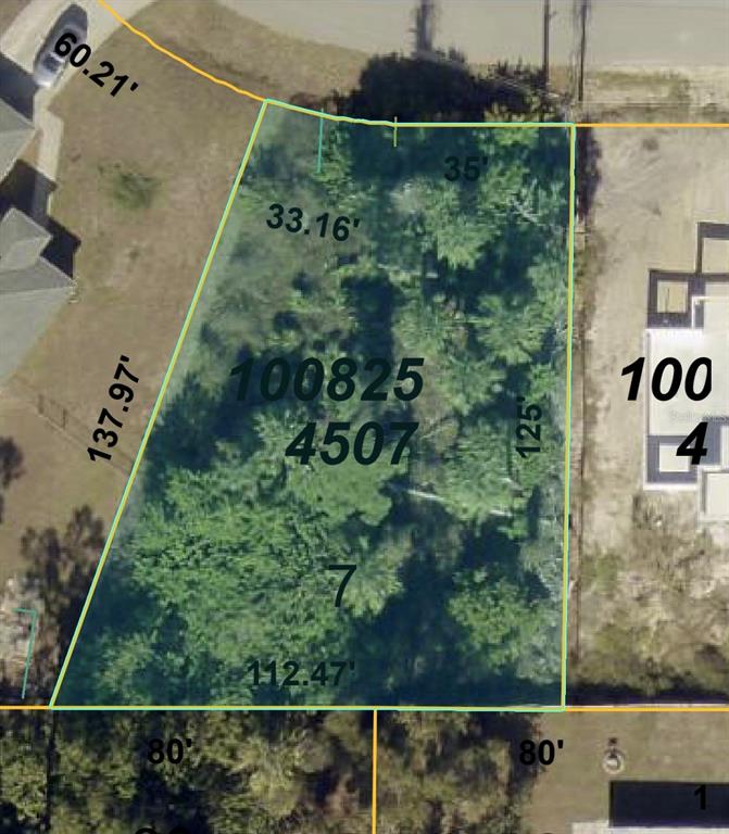 This is an aerial map showing the property boundaries and dimensions of a vacant lot — RUMSON CT, NORTH PORT, FL