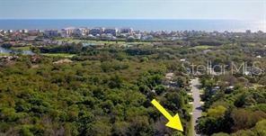 An aerial view shows a wooded lot adjacent to a residential street near the ocean — 17 SHADY LANE N, PALM COAST, FL