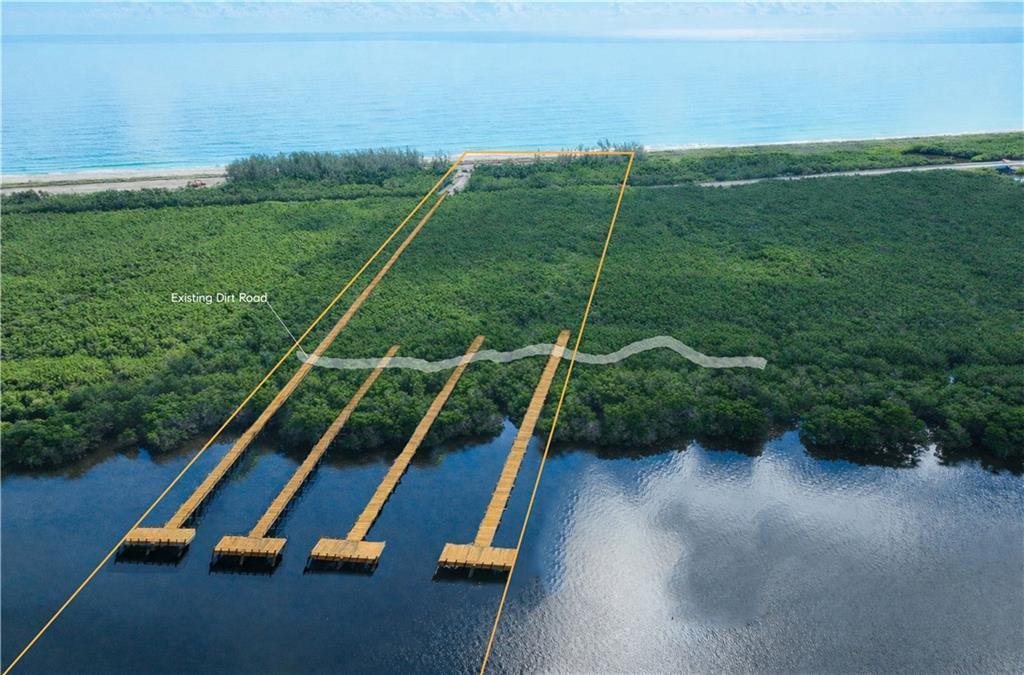 An aerial rendering shows a coastal property with four proposed docks extending into the water — HUTCHINSON ISLAND, FL