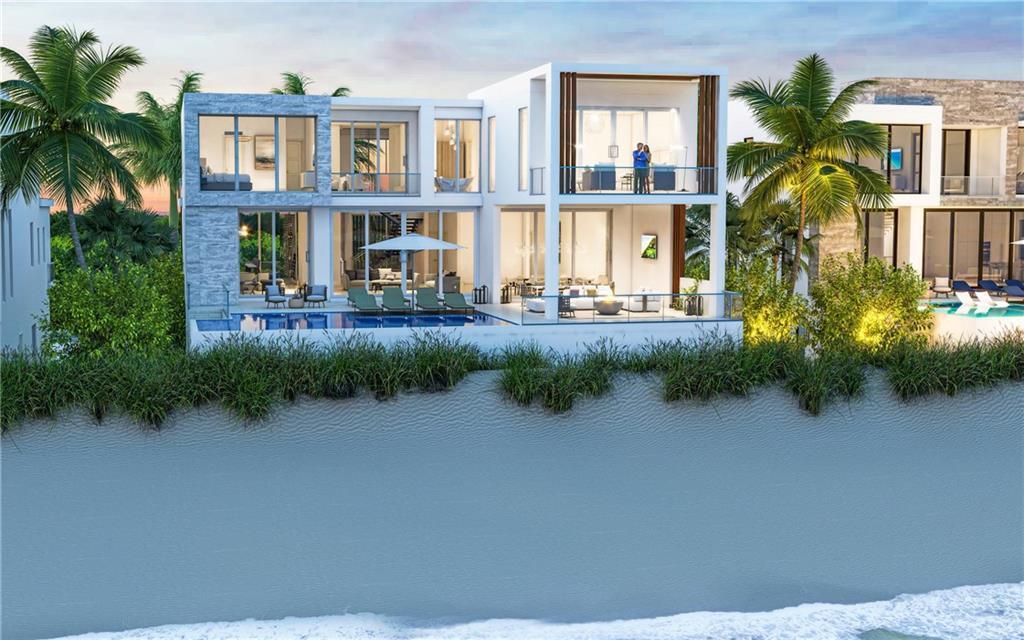 This architectural rendering shows a modern two-story beachfront villa with a pool and balcony — HUTCHINSON ISLAND, FL