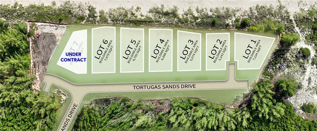 An aerial rendering shows seven numbered residential lots along Tortugas Sands Drive — HUTCHINSON ISLAND, FL
