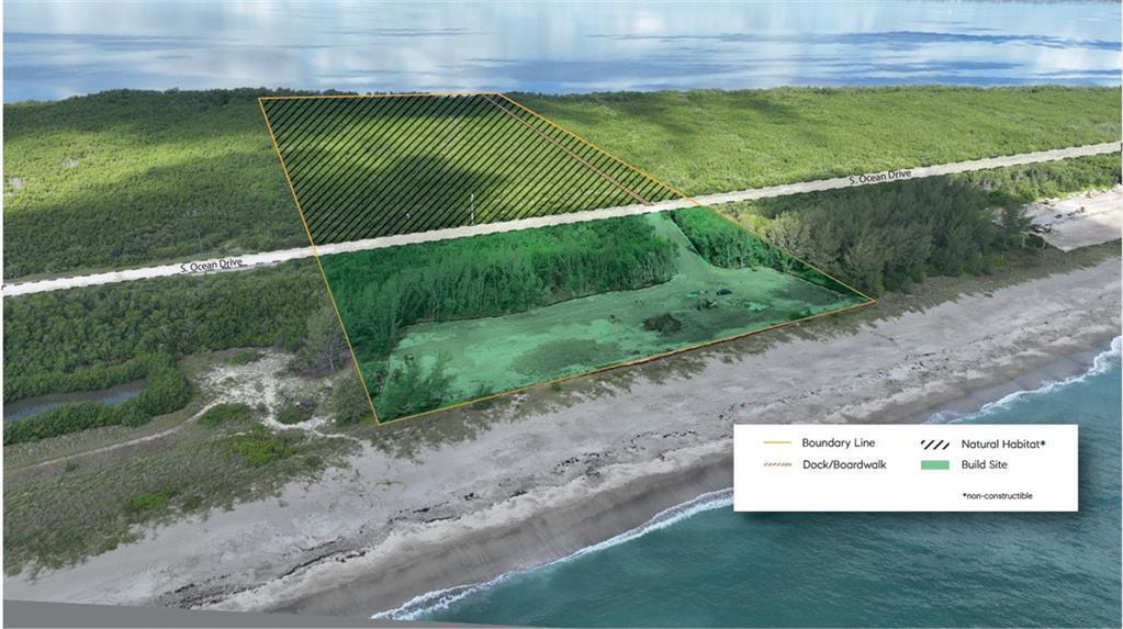 An aerial rendering shows a coastal property with a designated build site and natural habitat — HUTCHINSON ISLAND, FL