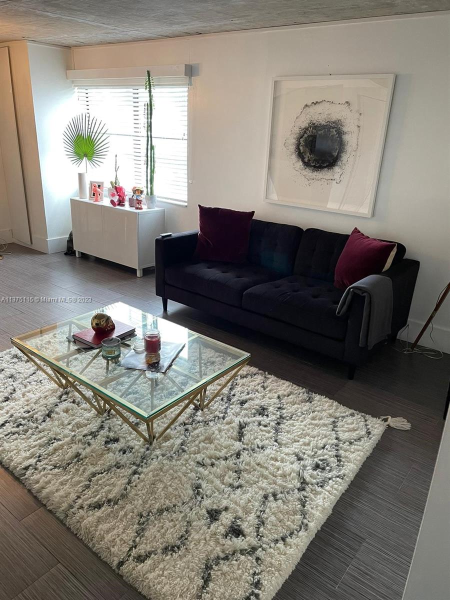 A living room features a dark sofa, a glass coffee table, and a textured rug — 753 Michigan Ave # 2E, Miami Beach FL 33139, MIAMI BEACH, FL