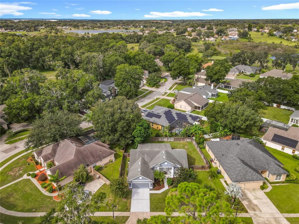 An aerial view shows a suburban neighborhood with several single-family homes and lush green trees — 809 MUIRFIELD CIRCLE, APOPKA, FL