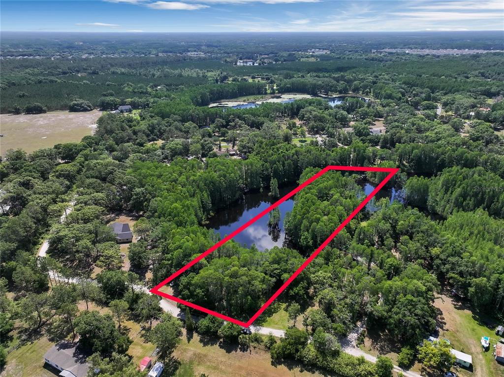 An aerial view shows a rectangular plot of land containing a pond and dense trees — 19832 WESTWOOD LANE, LAND O LAKES, FL