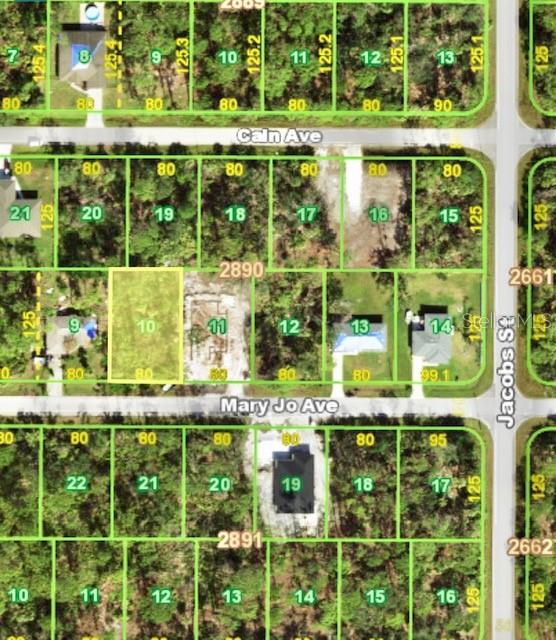 This is an aerial map showing residential land parcels and street layouts — 13474 MARY JO AVENUE, PORT CHARLOTTE, FL