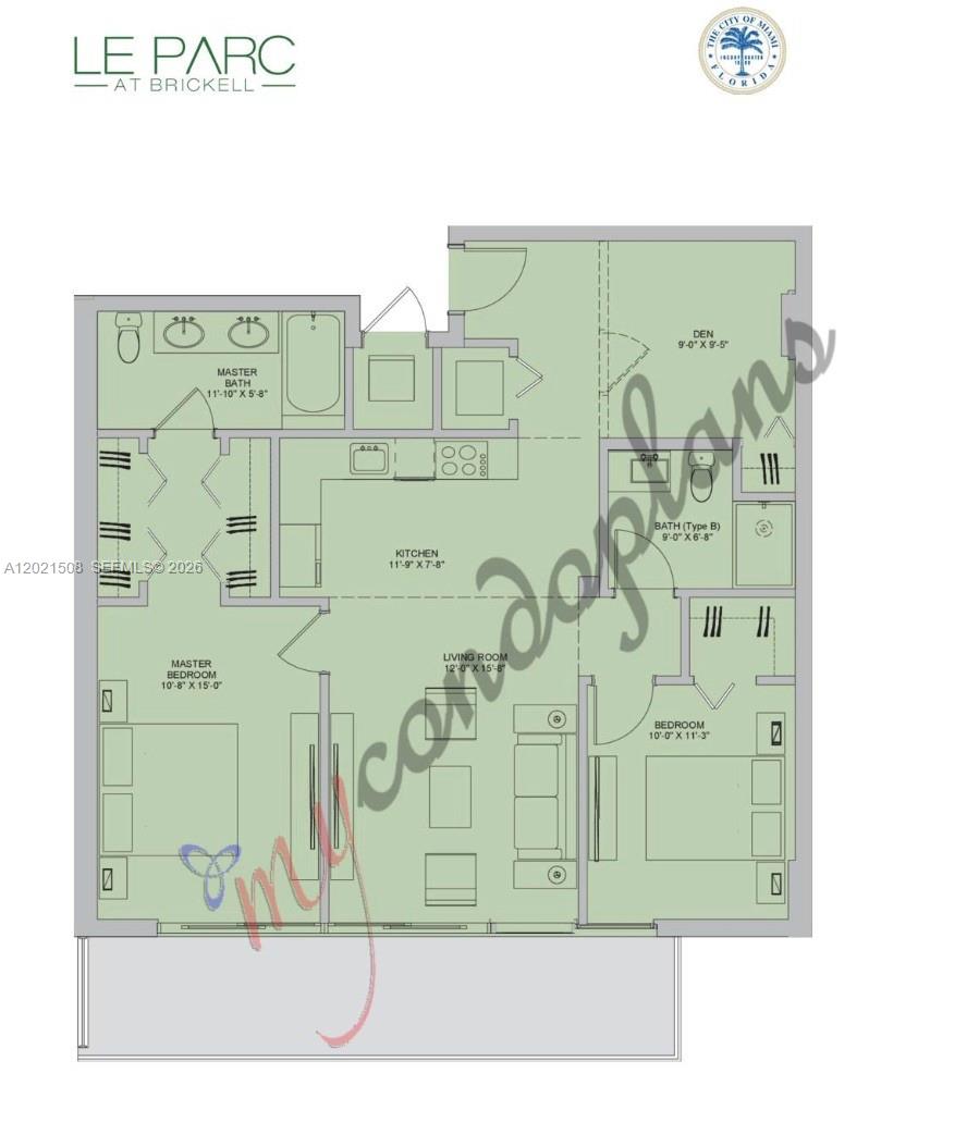 This is a floor plan for a two-bedroom condo unit with a den and kitchen — 1600 SW 1 AVE # 515, Miami FL 33129, MIAMI, FL