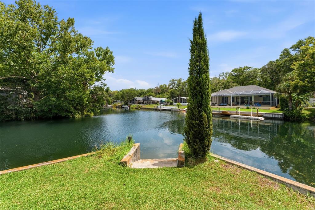 A single-story house with light green siding, a stone walkway, and palm trees in front — 6355 SEBRING STREET, WEEKI WACHEE, FL