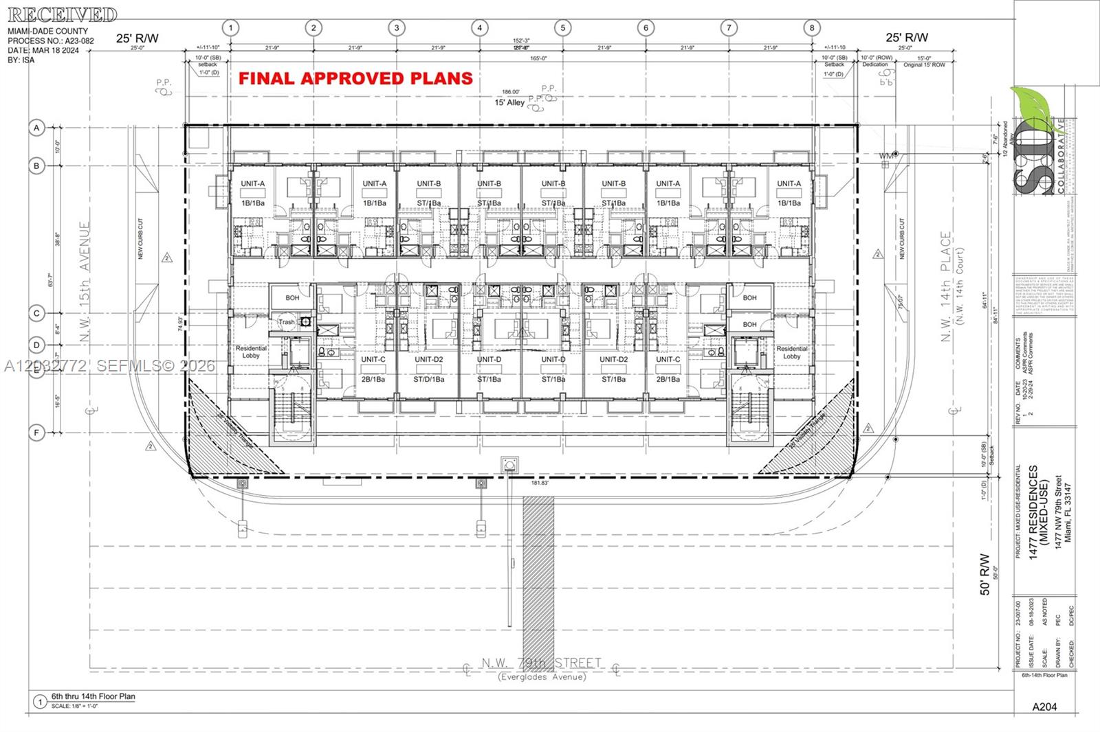 This is a floor plan for the 6th through 14th floors of a multi-unit residential building — 1477 NW 79th St, Miami FL 33147, MIAMI, FL