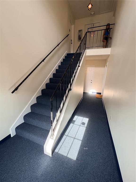 A carpeted staircase with a black metal railing leads to an upper landing — 1131 84TH AVENUE N UNIT D, ST PETERSBURG, FL