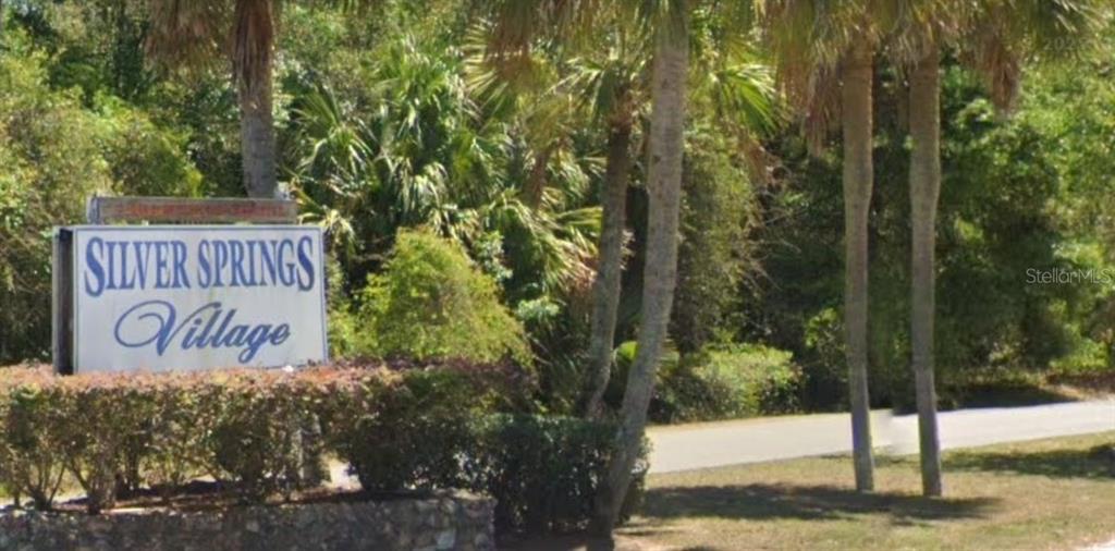 A sign for Silver Springs Village stands near palm trees and a paved road — SE 17TH LANE, OCKLAWAHA, FL