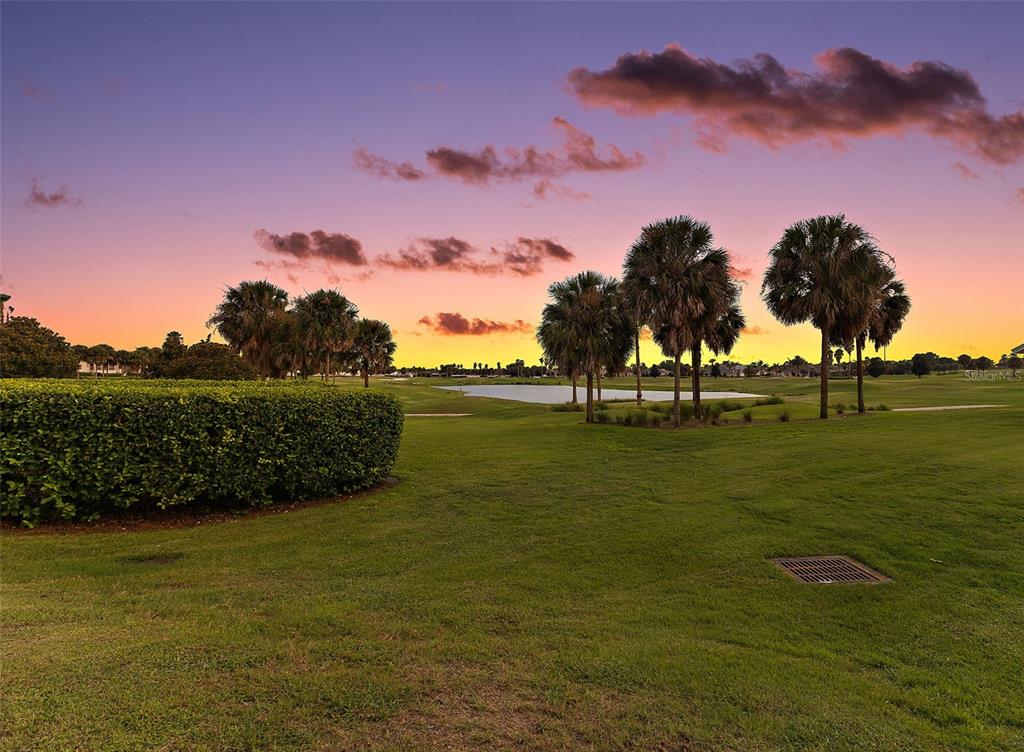 A grassy golf course view features palm trees and a pond under a sunset sky — 2216 BLACKVILLE DRIVE, THE VILLAGES, FL