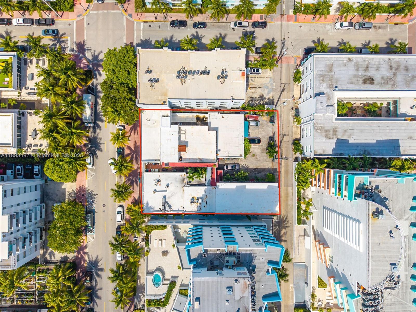 Aerial view of a rectangular property lot outlined in red within a dense urban area — 249 Collins Ave, Miami Beach FL 33139, MIAMI BEACH, FL