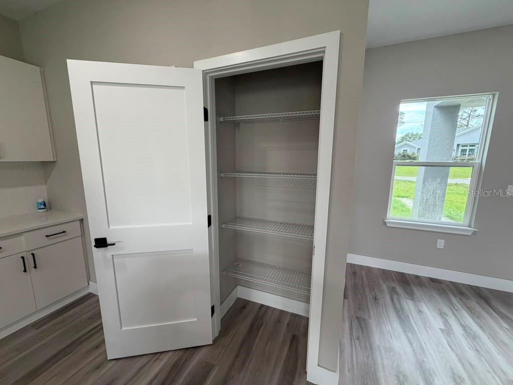 A pantry with wire shelving sits next to a kitchen cabinet and a window — 8089 N MALTESE DRIVE, DUNNELLON, FL