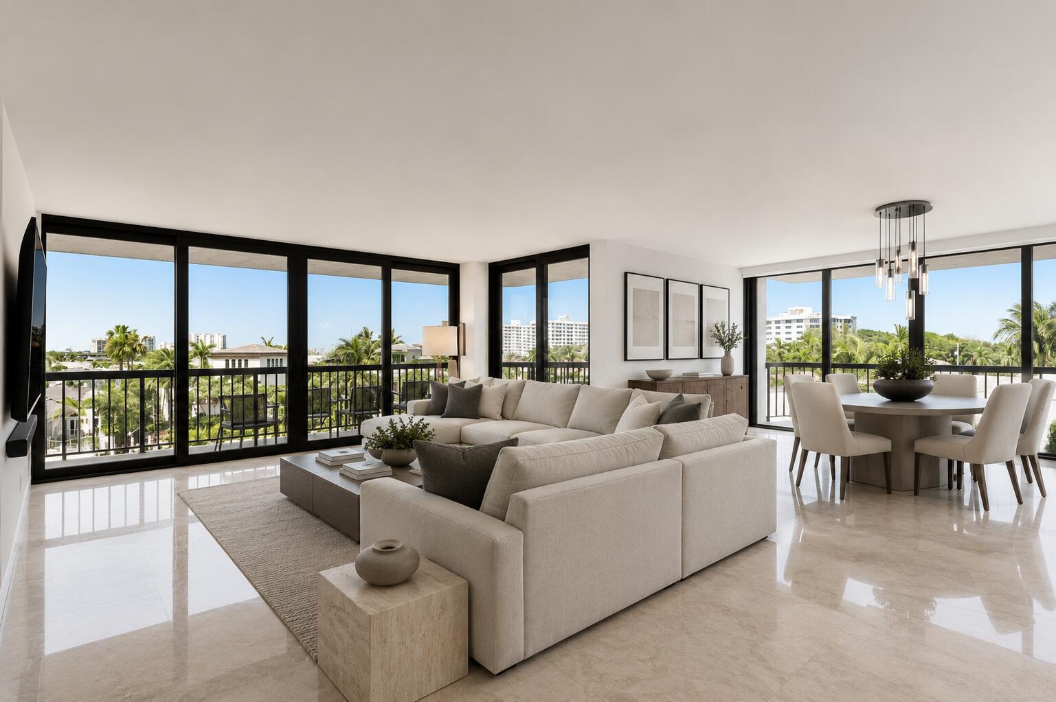 A bright living and dining room with marble floors, a sectional sofa, and floor-to-ceiling windows — 4740 S Ocean Boulevard S # 501, Highland Beach FL 33487, HIGHLAND BEACH, FL