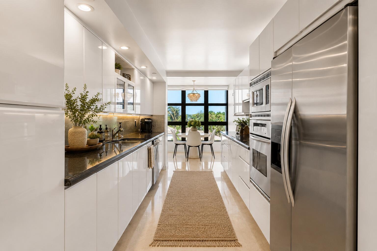 A galley kitchen with white cabinets, stainless steel appliances, and a dining area with windows — 4740 S Ocean Boulevard S # 501, Highland Beach FL 33487, HIGHLAND BEACH, FL