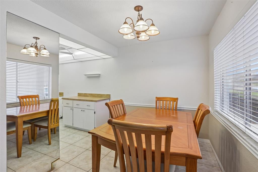 A dining room features a wooden table, chairs, a chandelier, and a large wall mirror — 11225 82ND AVENUE UNIT 102, SEMINOLE, FL