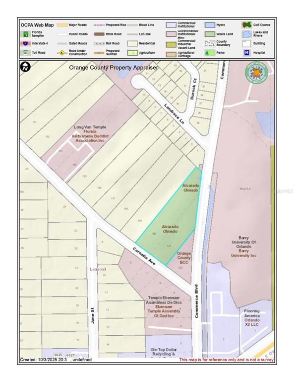 This is a property map showing land parcels, street names, and surrounding buildings in Orange County — 6117 CORNELIA AVENUE, ORLANDO, FL