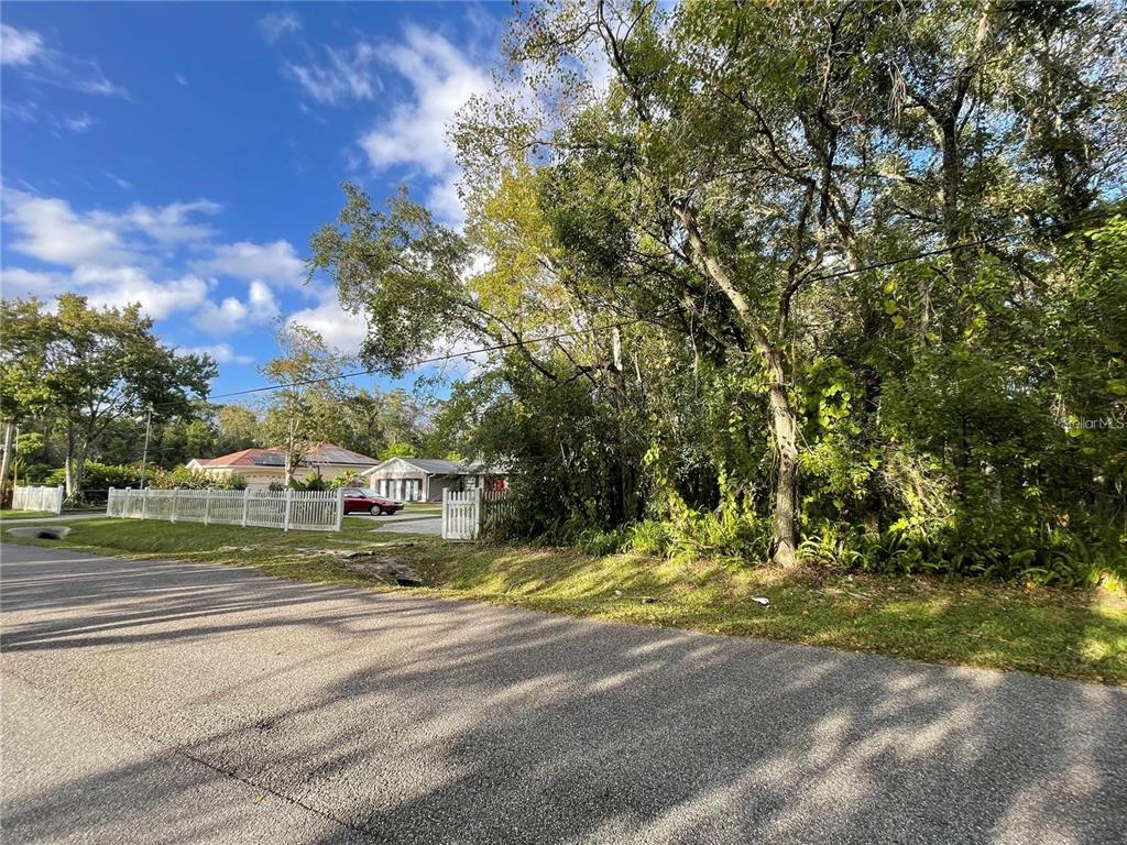 A paved road leads to a wooded lot next to a house with a white fence — 6117 CORNELIA AVENUE, ORLANDO, FL