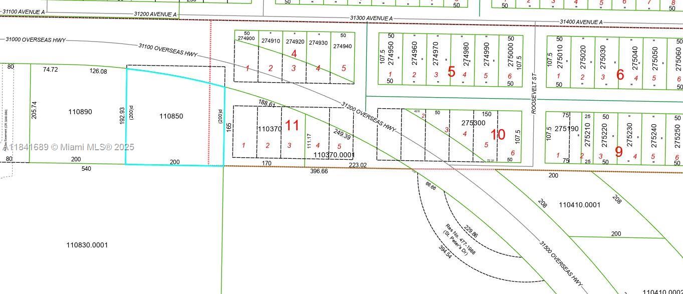 This is a property tax map showing parcel boundaries, lot numbers, and street names — 0 US Highway 1, Big Pine FL 33043, BIG PINE, FL
