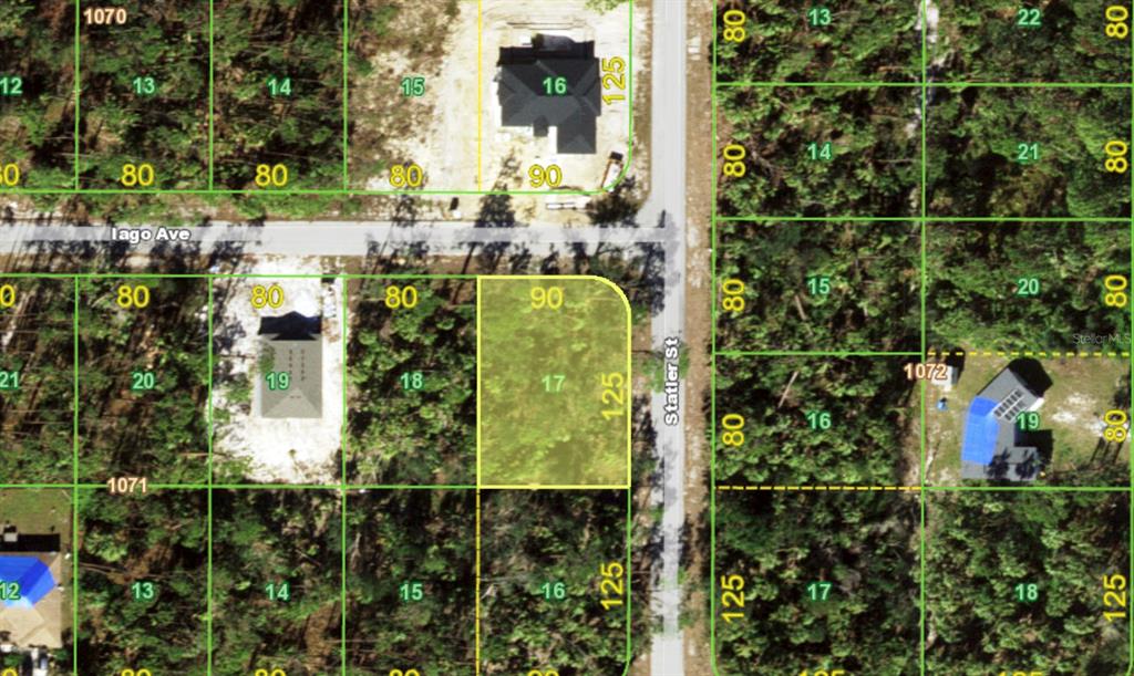 This is an aerial map showing a vacant corner lot highlighted in yellow — 163 STATLER STREET, PORT CHARLOTTE, FL