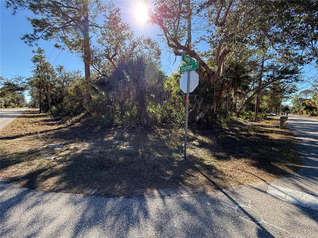 A street corner with a stop sign and street name signs surrounded by wooded vegetation — 163 STATLER STREET, PORT CHARLOTTE, FL