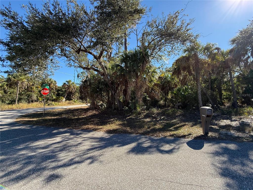 A paved road leads to a wooded, undeveloped lot with a stop sign and mailbox — 163 STATLER STREET, PORT CHARLOTTE, FL