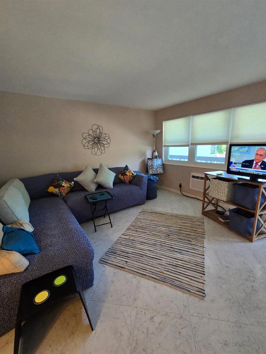A living room features a blue sectional sofa, a striped rug, and a television stand — 43 Markham B # 43, Deerfield Beach FL 33442, DEERFIELD BEACH, FL