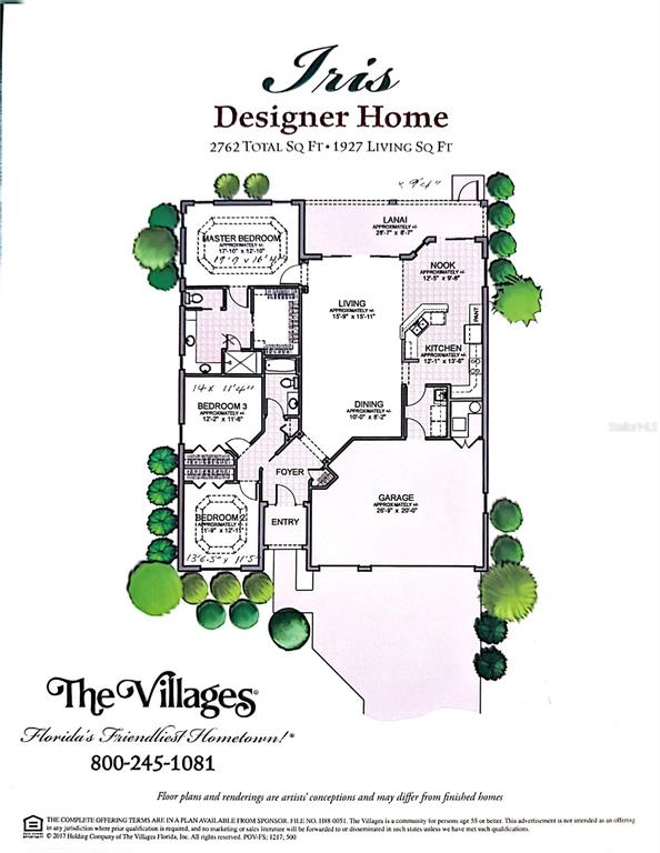 This floor plan shows the layout of a three-bedroom residential home with an attached garage — 3087 BLACKSTOCK WAY, THE VILLAGES, FL