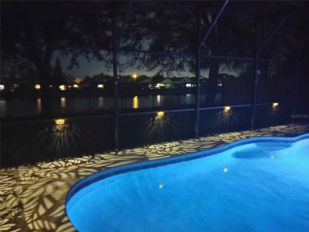 A swimming pool at night with decorative lights casting patterns on the surrounding deck — 16641 SUNRISE VISTA DRIVE, CLERMONT, FL