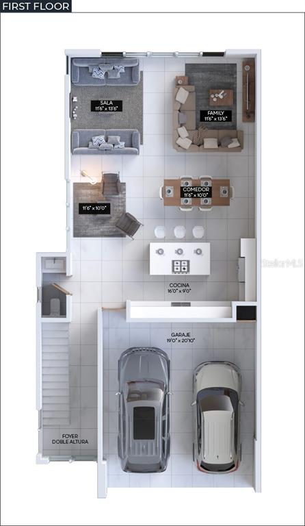 This floor plan shows the first level of a home with a garage, kitchen, and living areas — Calle Central Park URB. RIVIERA VILLAGE, BAYAMON, PR