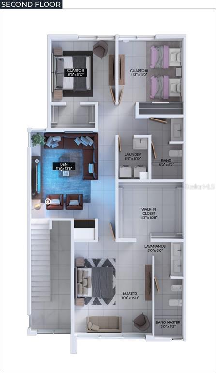 This is a 3D floor plan of a residential second floor with three bedrooms and bathrooms — Calle Central Park URB. RIVIERA VILLAGE, BAYAMON, PR