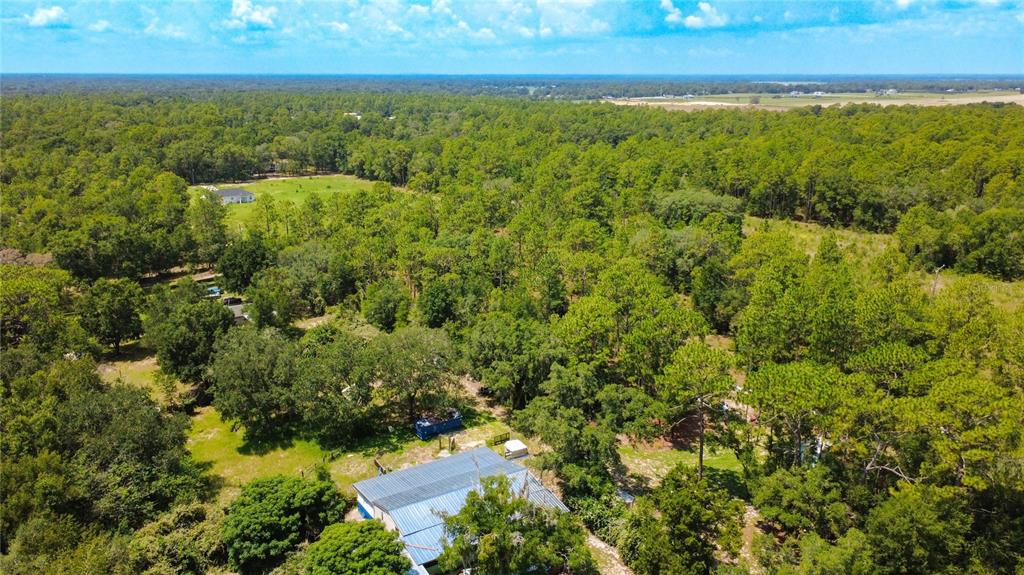 An aerial view shows a metal-roofed building surrounded by dense forest and open grassy areas — 13300 SW 91ST PLACE, DUNNELLON, FL