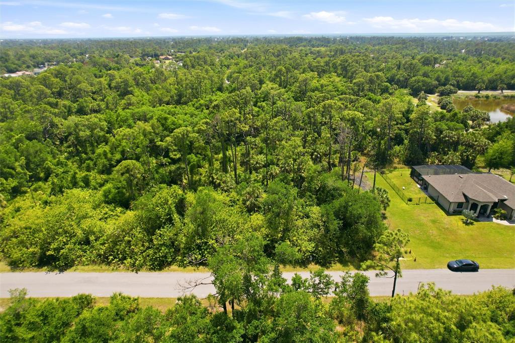 An aerial view shows a wooded lot next to a house with a pool enclosure — 18079 EBER AVENUE, PORT CHARLOTTE, FL