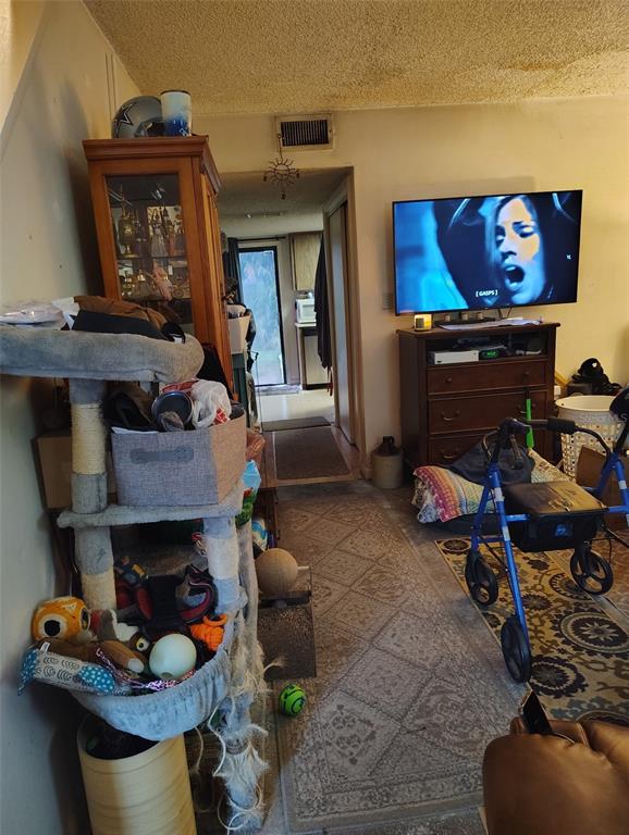 A living room features a cat tree, a television on a wooden dresser, and a walker — 2962 MORGAN COMBEE ROAD, LAKELAND, FL