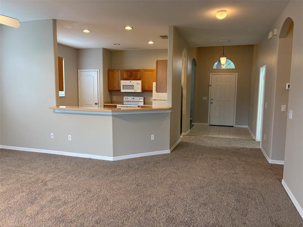 A carpeted living area opens to a kitchen with light-colored countertops and wood cabinetry — 3922 WASHBURN PLACE, WESLEY CHAPEL, FL