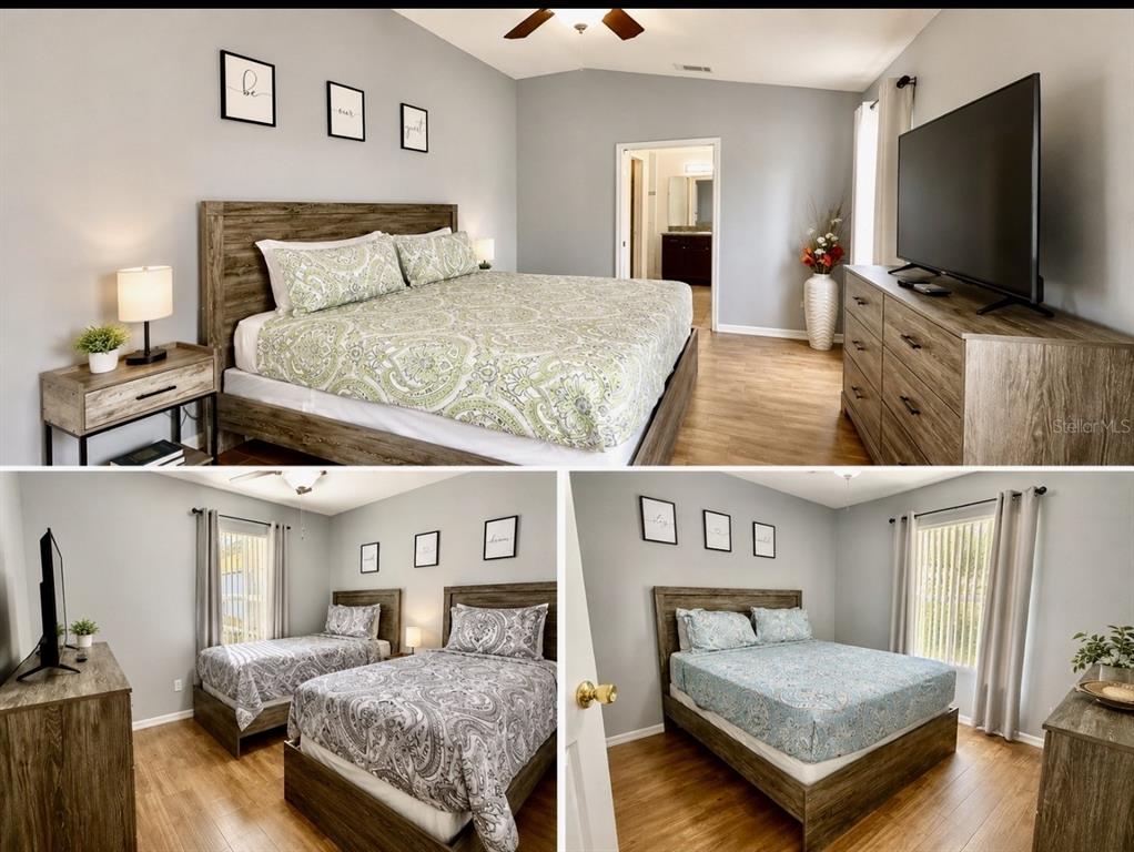 This collage shows three views of bedrooms featuring wood-look furniture, light gray walls, and flooring — 142 GLASGOW COURT, DAVENPORT, FL