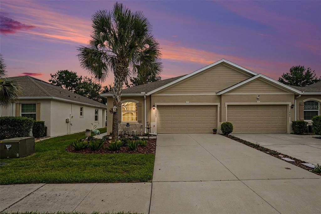 A tan duplex home with two garage doors and a palm tree in the front yard — 32983 WINDELSTRAW DRIVE, WESLEY CHAPEL, FL