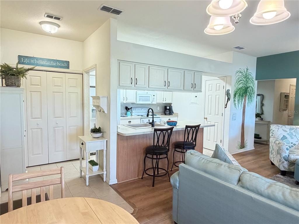 A kitchen with light-colored cabinets and a breakfast bar overlooks a living area — 802 EAGLE POND DRIVE UNIT 802, WINTER HAVEN, FL