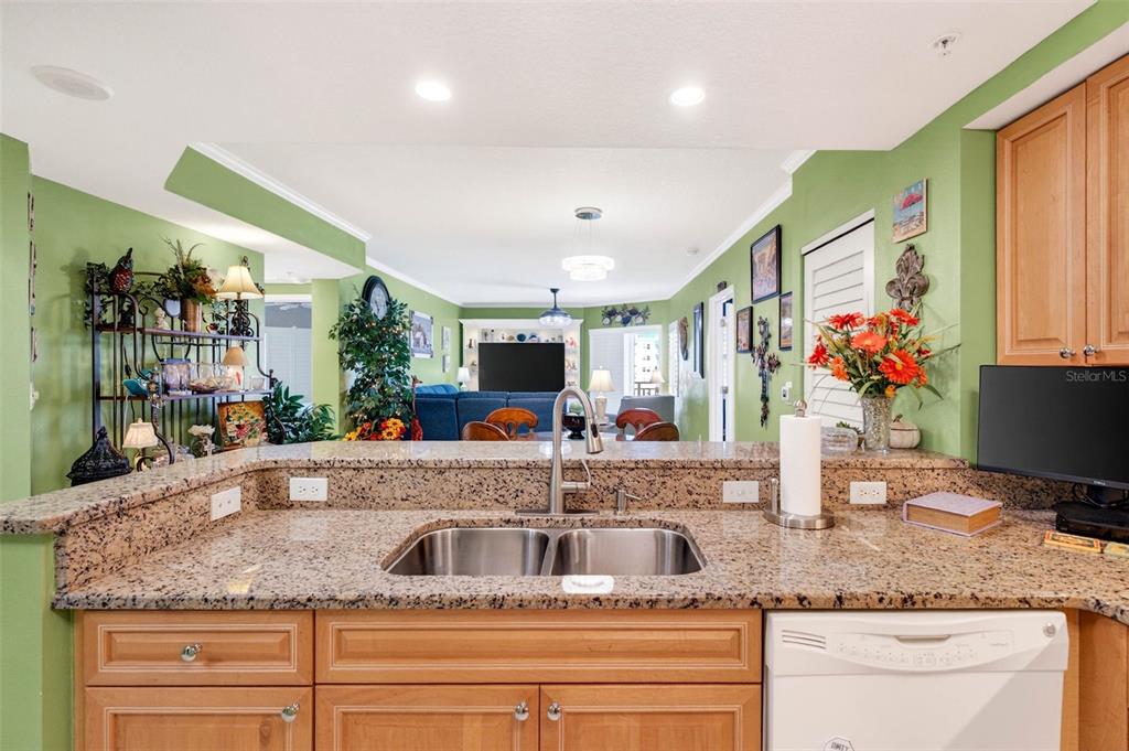 A kitchen with granite countertops and light wood cabinets overlooks a living room area — 4516 SEAGULL DRIVE UNIT 719, NEW PORT RICHEY, FL