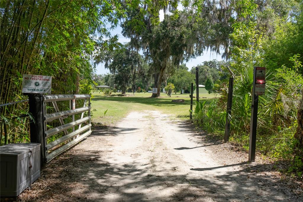 A dirt driveway leads through an open metal gate into a grassy, tree-filled property — 776 MAYTOWN ROAD, OAK HILL, FL