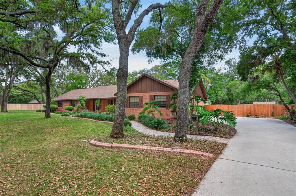 A single-story brick house with a brown roof sits behind a lawn and large trees — 12506 SHADOW RUN BOULEVARD, RIVERVIEW, FL