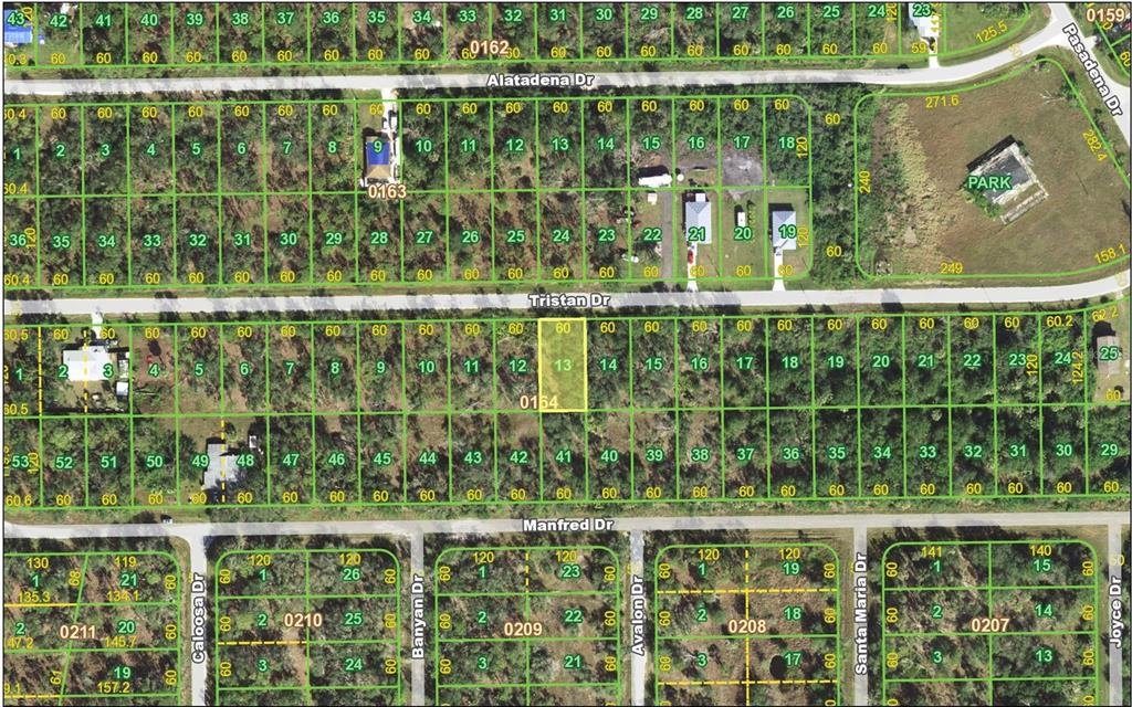 This is a satellite map showing a grid of residential land parcels and streets — 28213 TRISTAN DRIVE, PUNTA GORDA, FL