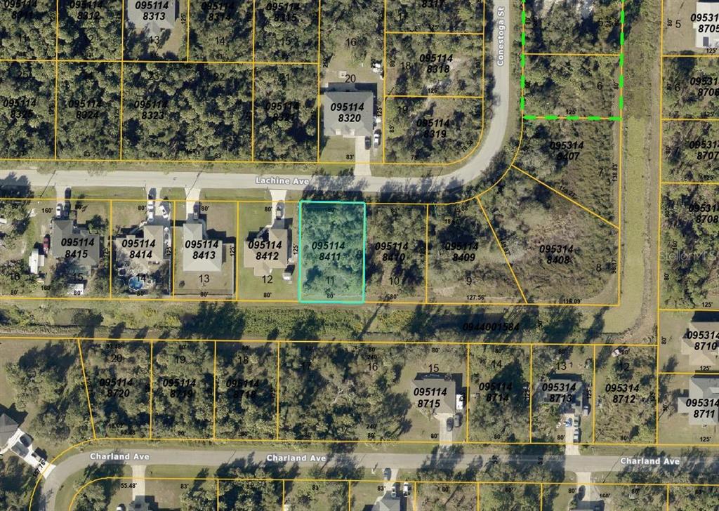 This is an aerial map showing residential lots and street layouts in a neighborhood — LACHINE AVENUE, NORTH PORT, FL