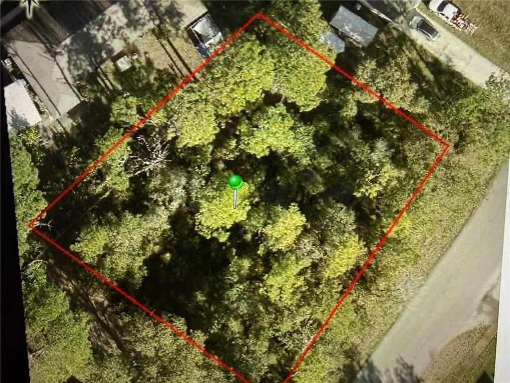 An aerial view shows a rectangular, tree-covered vacant lot outlined in red — 2952 DAY ROAD, DELTONA, FL