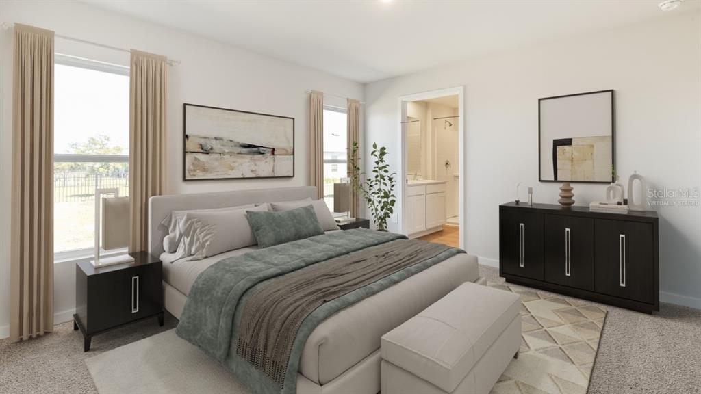 This is a virtually staged rendering of a bedroom with a bed and dark furniture — 26194 SACRED LOTUS LANE, PUNTA GORDA, FL